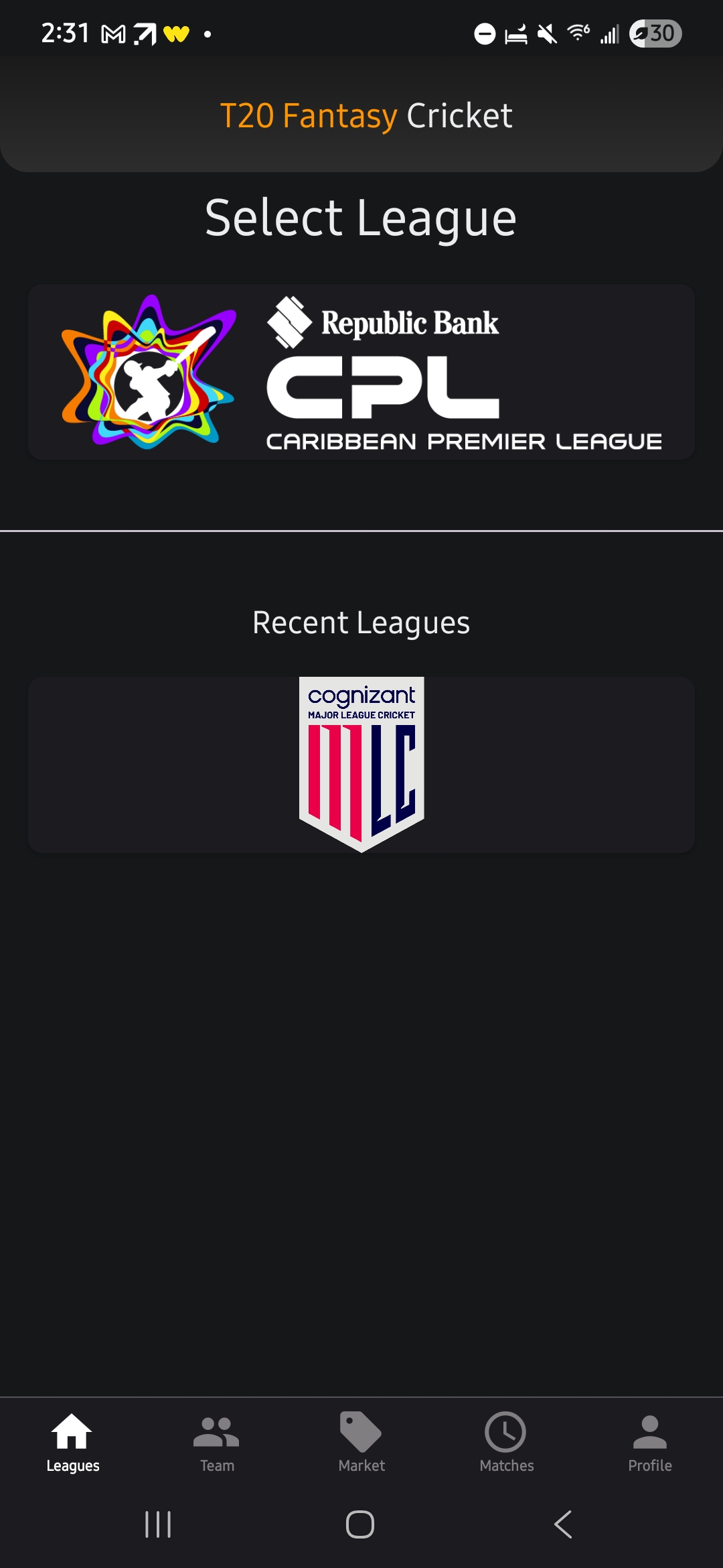 League selection screen